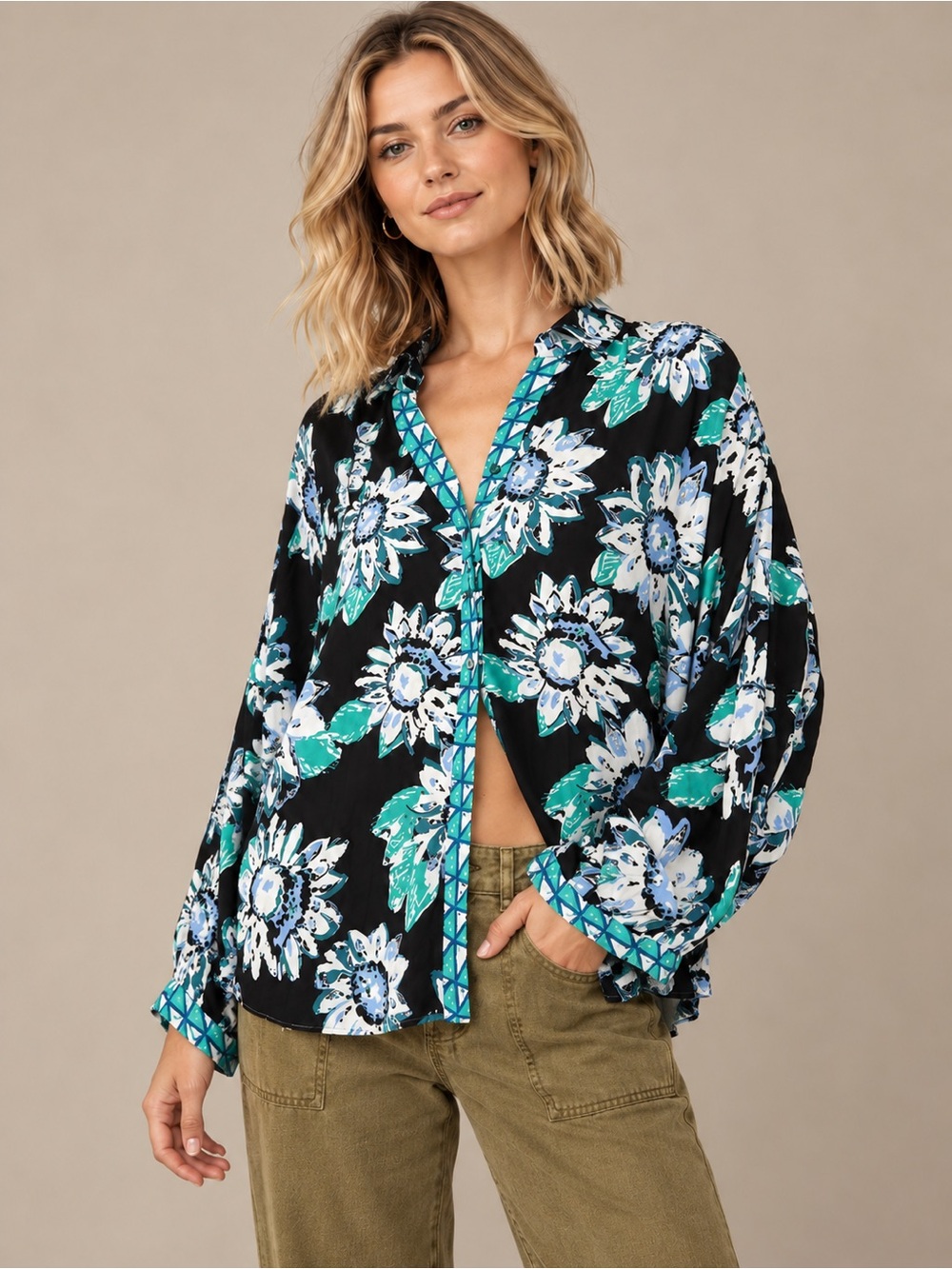 Free People Good Vibrations Floral Button-Up Blouse Black Teal S
